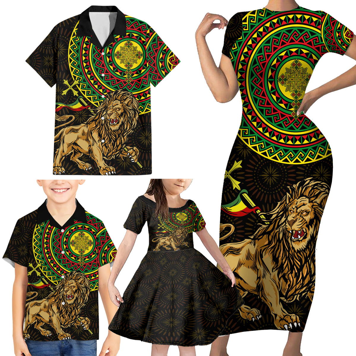 Ethiopia National Day Family Matching Short Sleeve Bodycon Dress and Hawaiian Shirt Lion Of Judah African Pattern - Wonder Print Shop