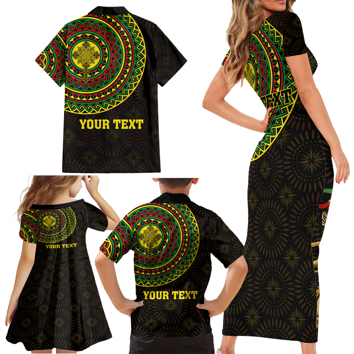 Ethiopia National Day Family Matching Short Sleeve Bodycon Dress and Hawaiian Shirt Lion Of Judah African Pattern - Wonder Print Shop