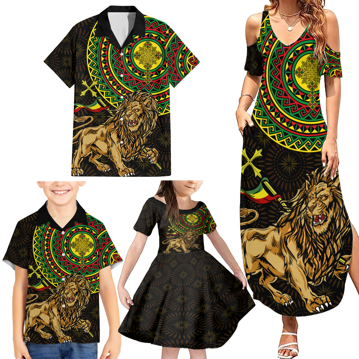 Ethiopia National Day Family Matching Summer Maxi Dress and Hawaiian Shirt Lion Of Judah African Pattern - Wonder Print Shop