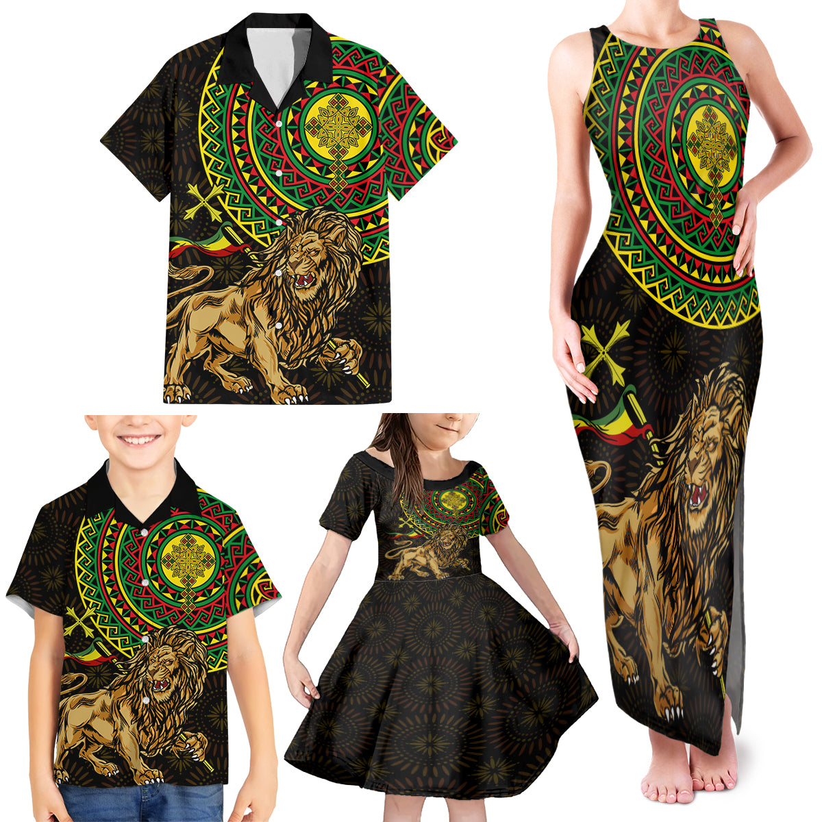 Ethiopia National Day Family Matching Tank Maxi Dress and Hawaiian Shirt Lion Of Judah African Pattern - Wonder Print Shop