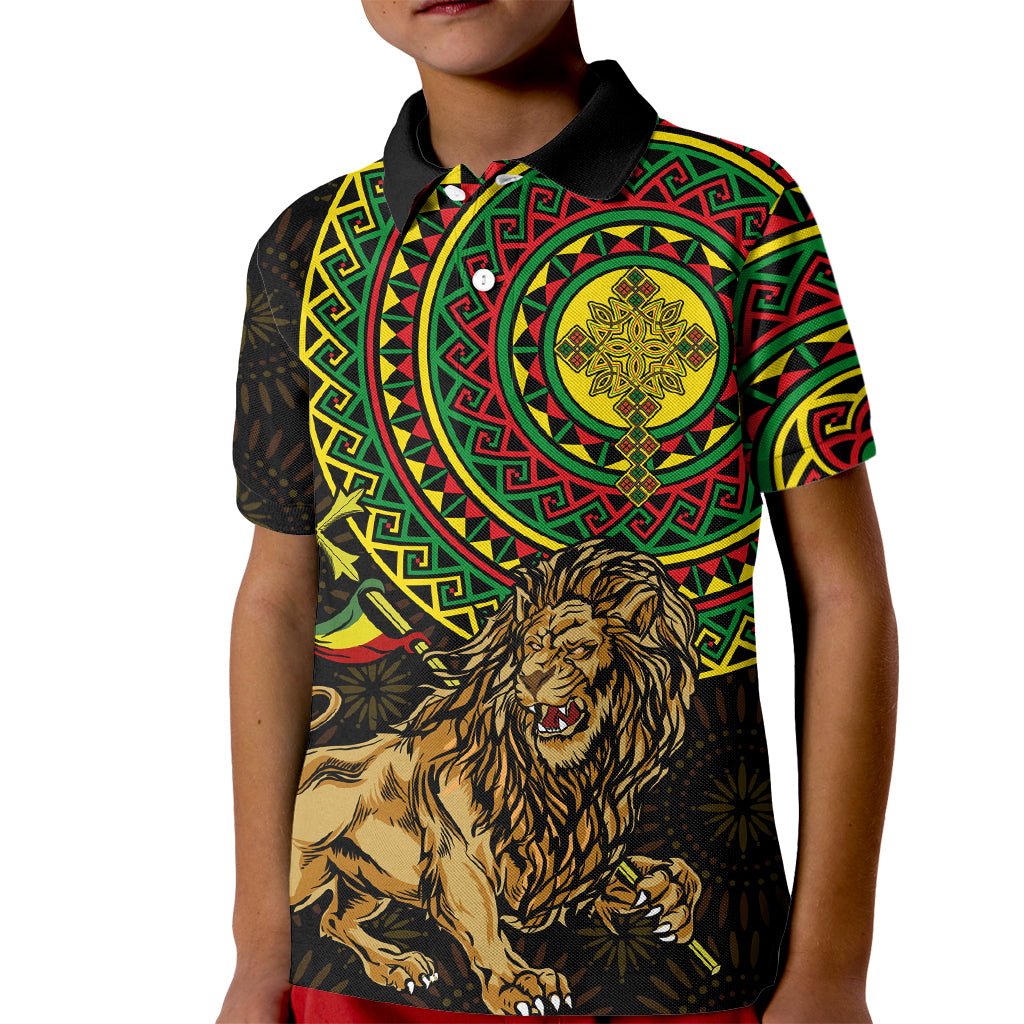 Ethiopia National Day Kid Polo Shirt Lion Of Judah African Pattern