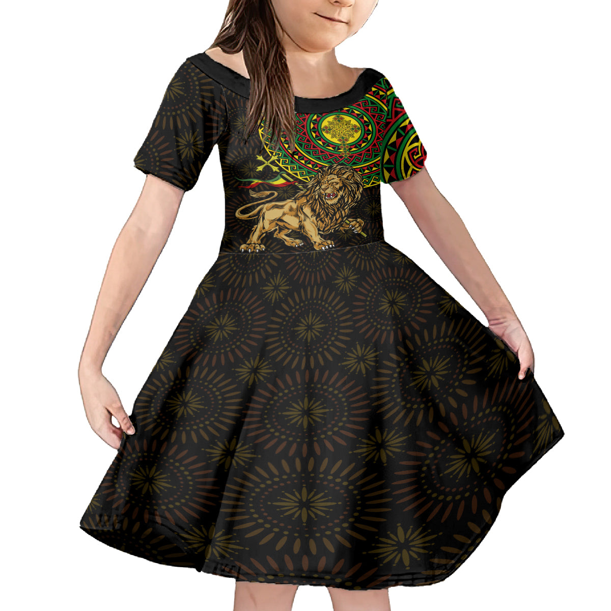 Ethiopia National Day Kid Short Sleeve Dress Lion Of Judah African Pattern - Wonder Print Shop