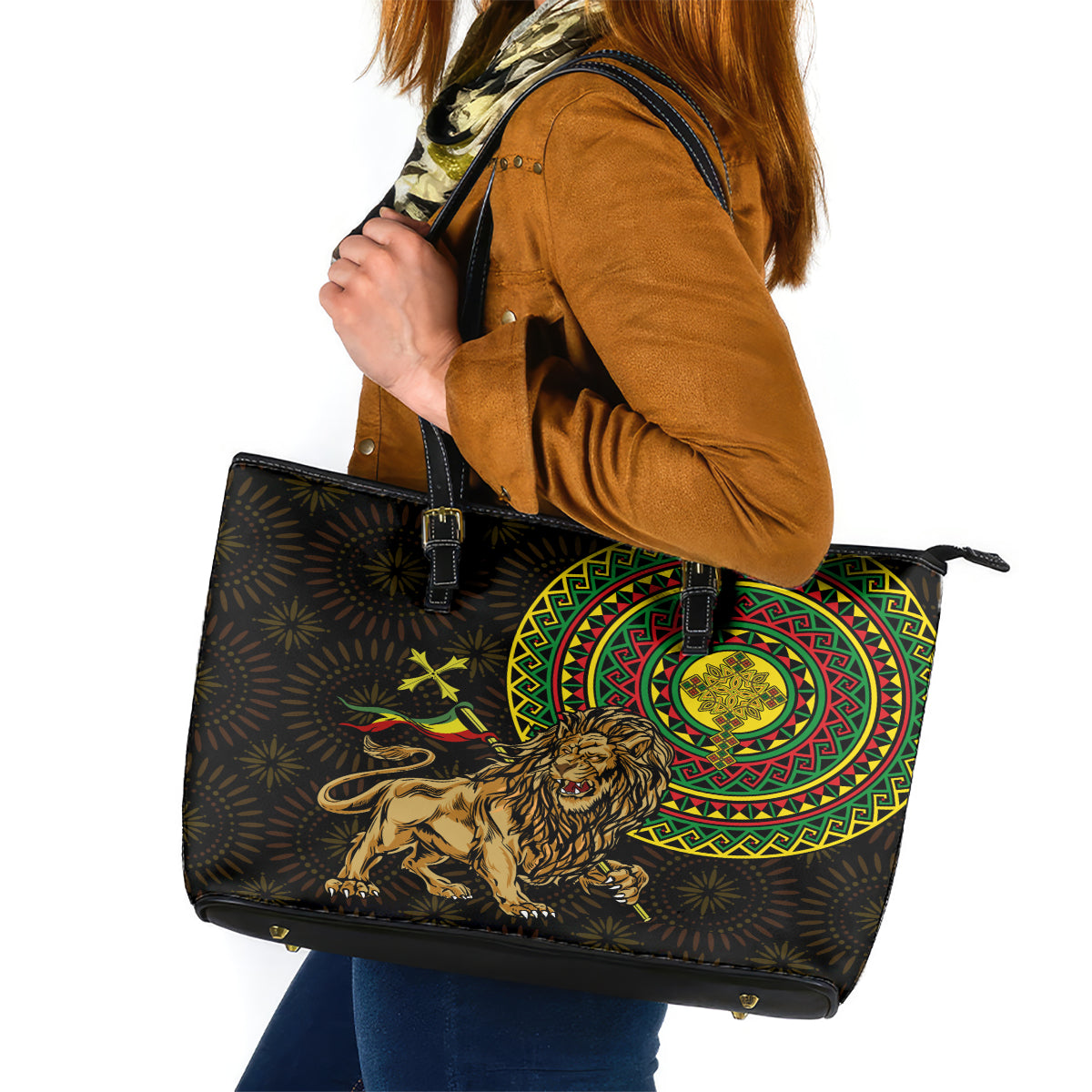 Ethiopia National Day Leather Tote Bag Lion Of Judah African Pattern - Wonder Print Shop