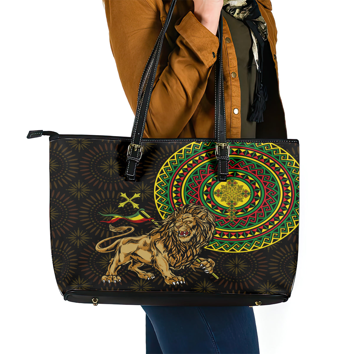 Ethiopia National Day Leather Tote Bag Lion Of Judah African Pattern - Wonder Print Shop