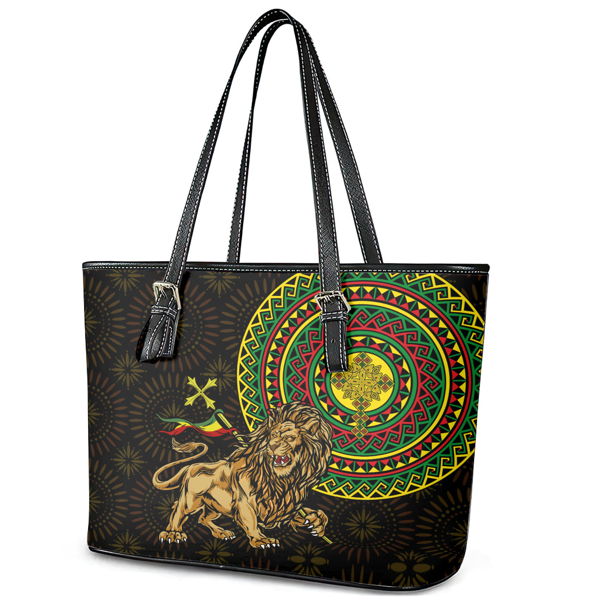 Ethiopia National Day Leather Tote Bag Lion Of Judah African Pattern - Wonder Print Shop