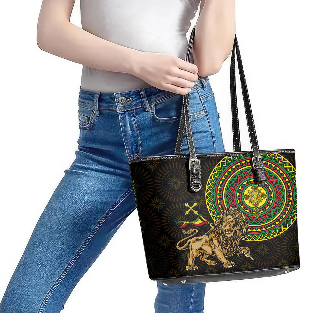 Ethiopia National Day Leather Tote Bag Lion Of Judah African Pattern - Wonder Print Shop