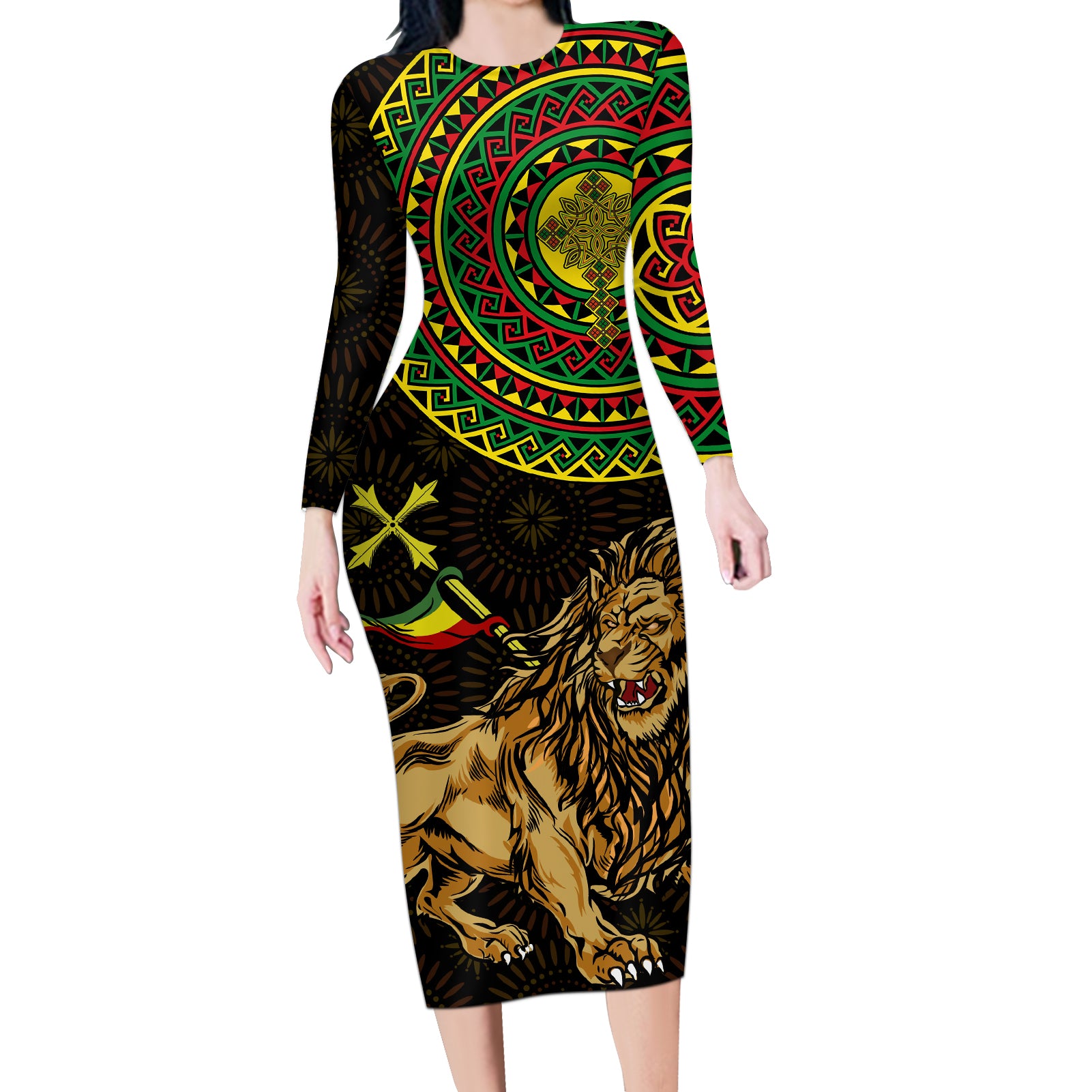 Ethiopia National Day Long Sleeve Bodycon Dress Lion Of Judah African Pattern