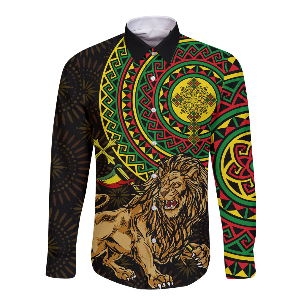 Ethiopia National Day Long Sleeve Button Shirt Lion Of Judah African Pattern