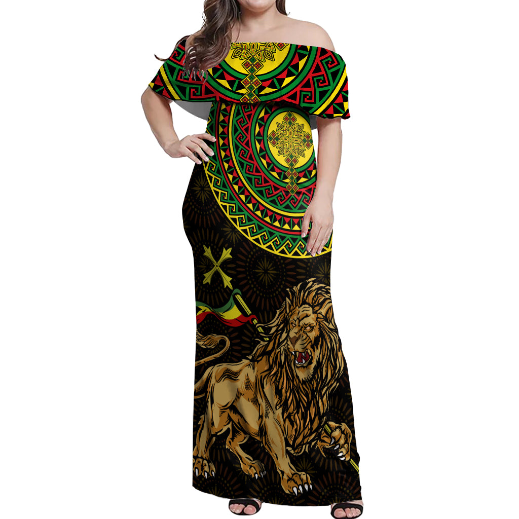 Ethiopia National Day Off Shoulder Maxi Dress Lion Of Judah African Pattern - Wonder Print Shop