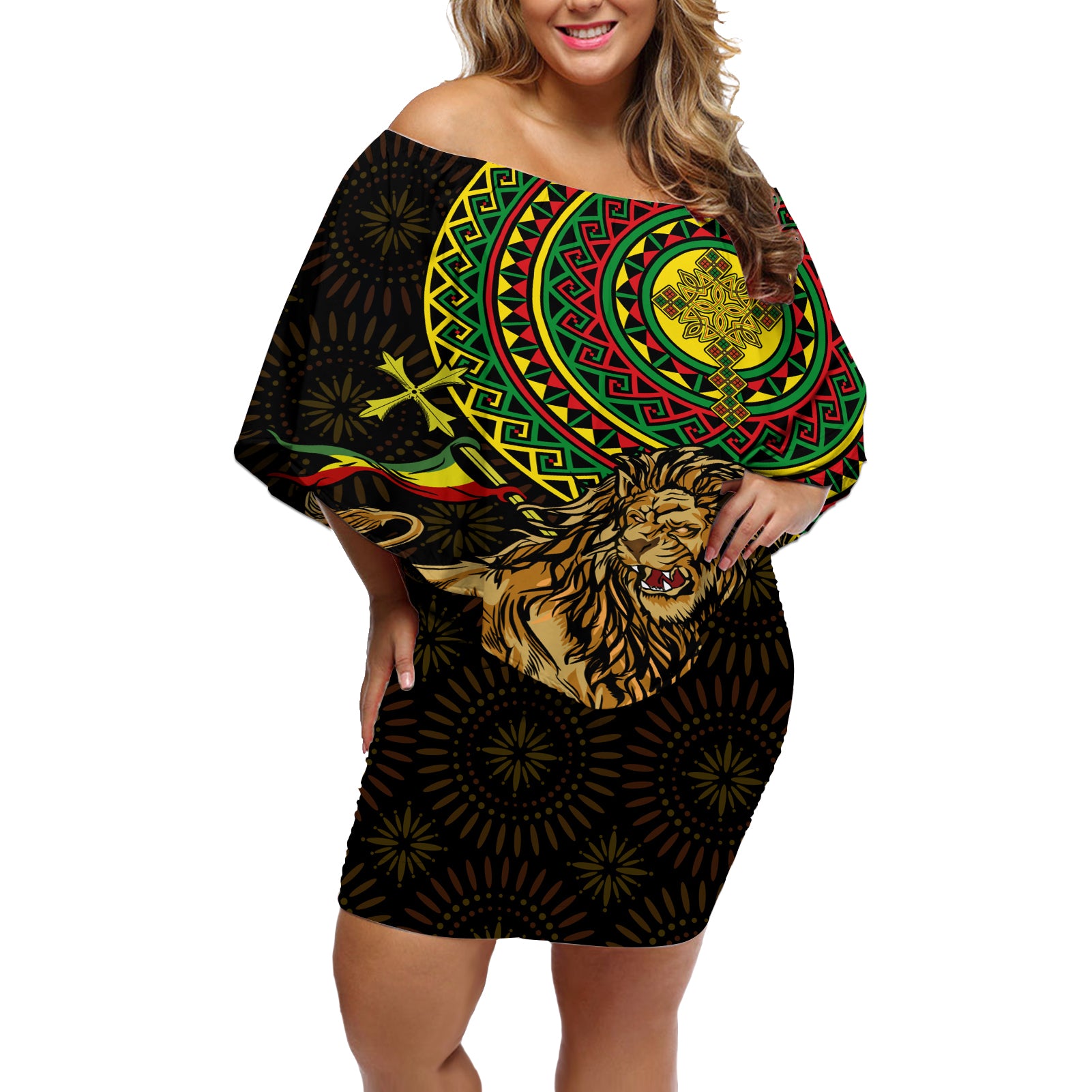 Ethiopia National Day Off Shoulder Short Dress Lion Of Judah African Pattern