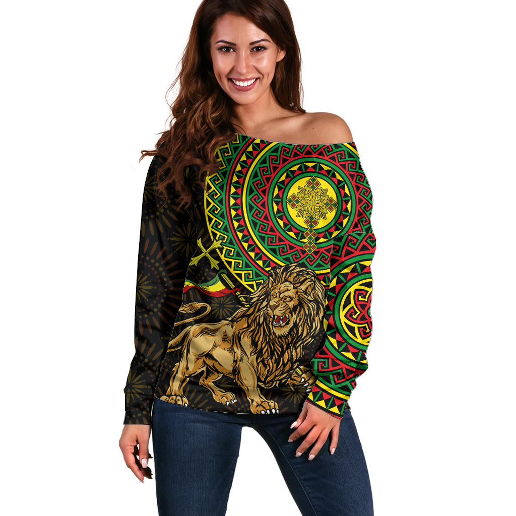 Ethiopia National Day Off Shoulder Sweater Lion Of Judah African Pattern