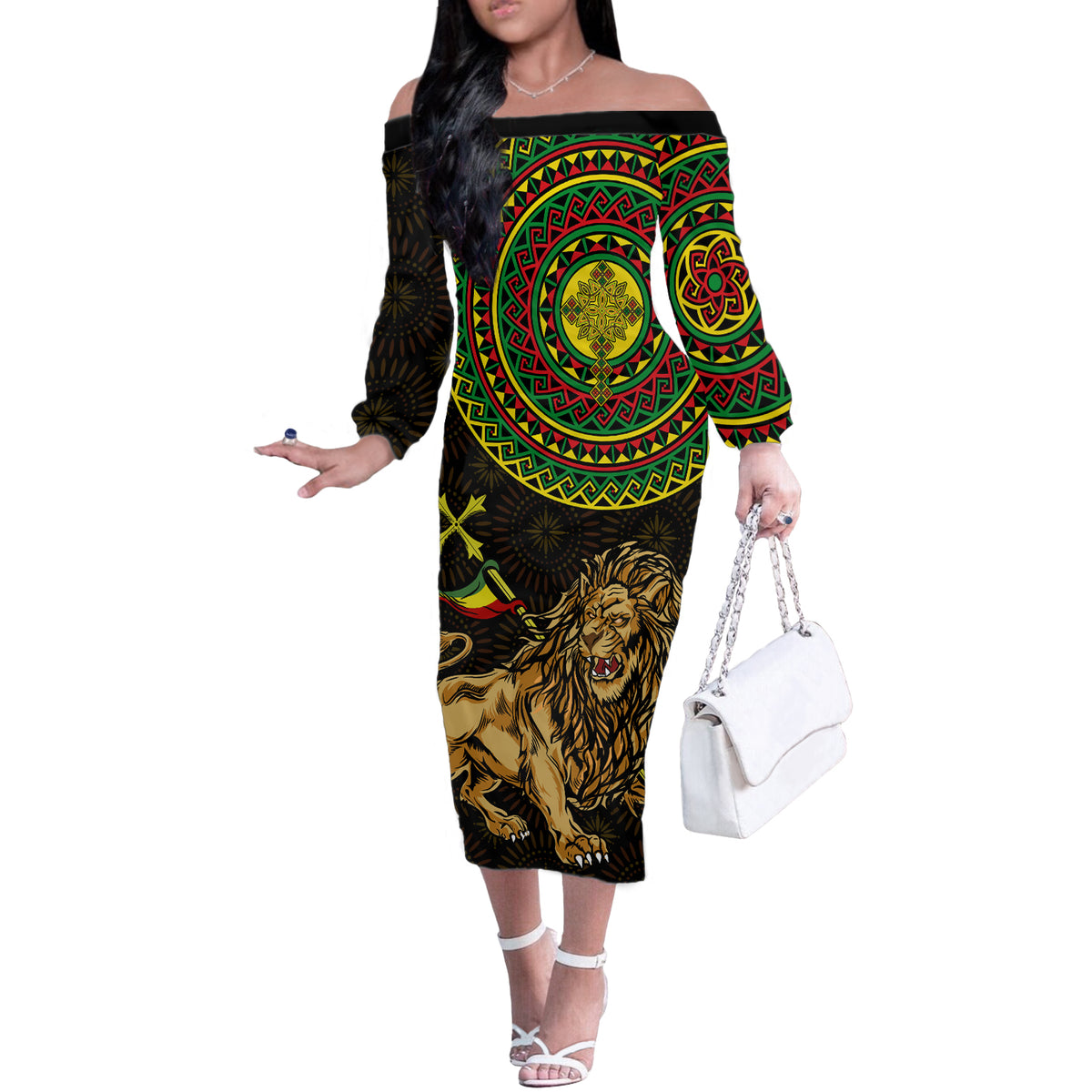 Ethiopia National Day Off The Shoulder Long Sleeve Dress Lion Of Judah African Pattern - Wonder Print Shop
