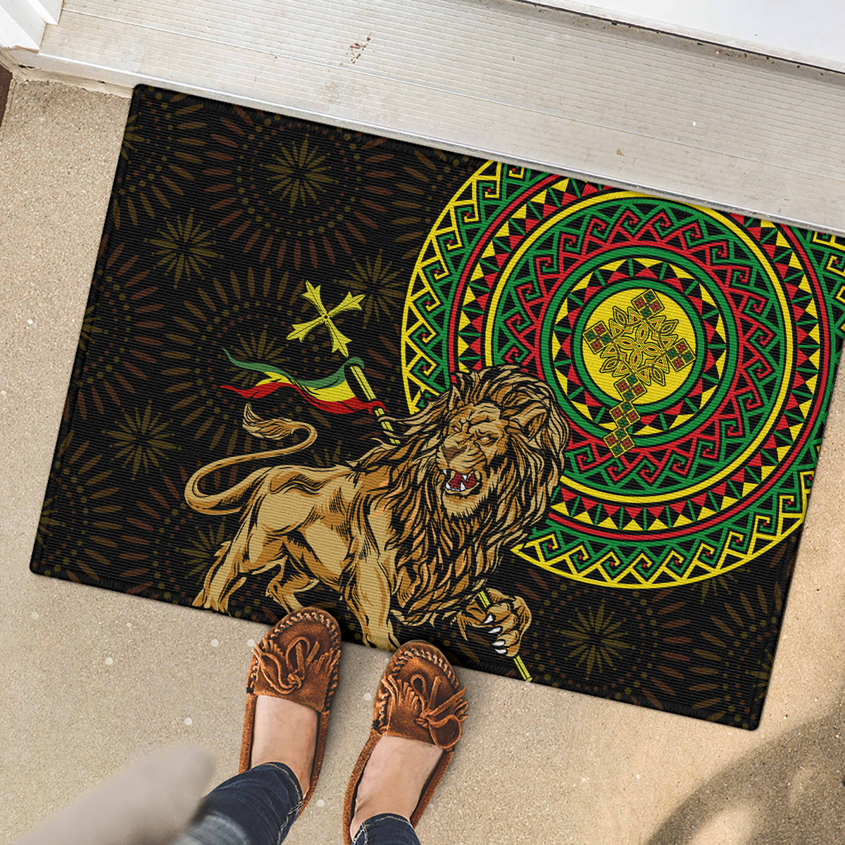 Ethiopia National Day Rubber Doormat Lion Of Judah African Pattern - Wonder Print Shop