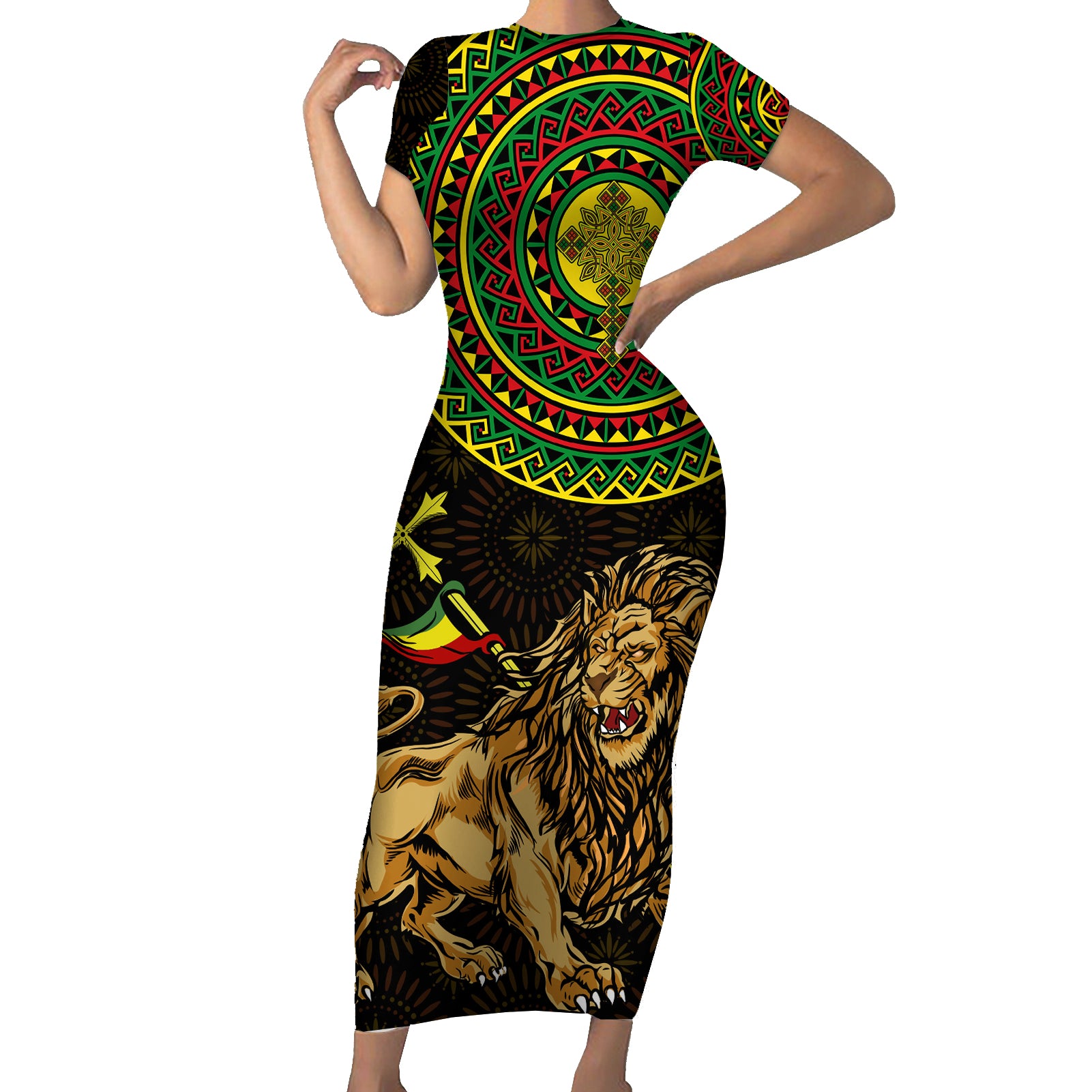Ethiopia National Day Short Sleeve Bodycon Dress Lion Of Judah African Pattern - Wonder Print Shop