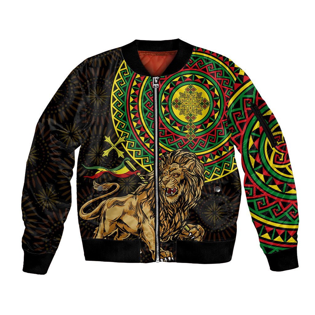 Ethiopia National Day Sleeve Zip Bomber Jacket Lion Of Judah African Pattern