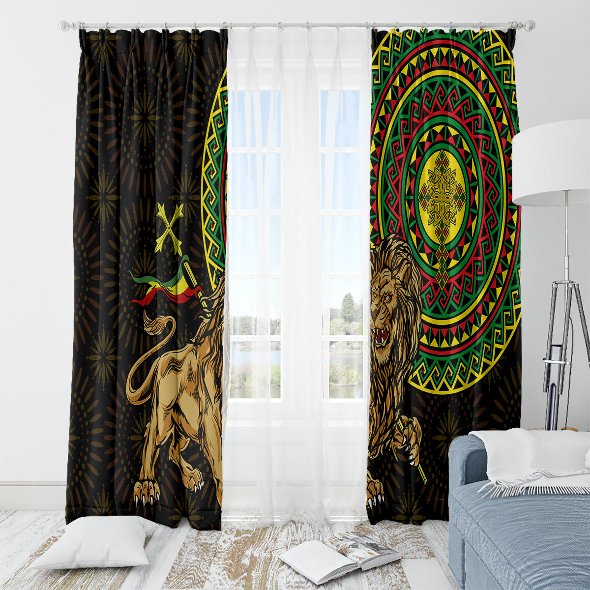 Ethiopia National Day Window Curtain Lion Of Judah African Pattern - Wonder Print Shop