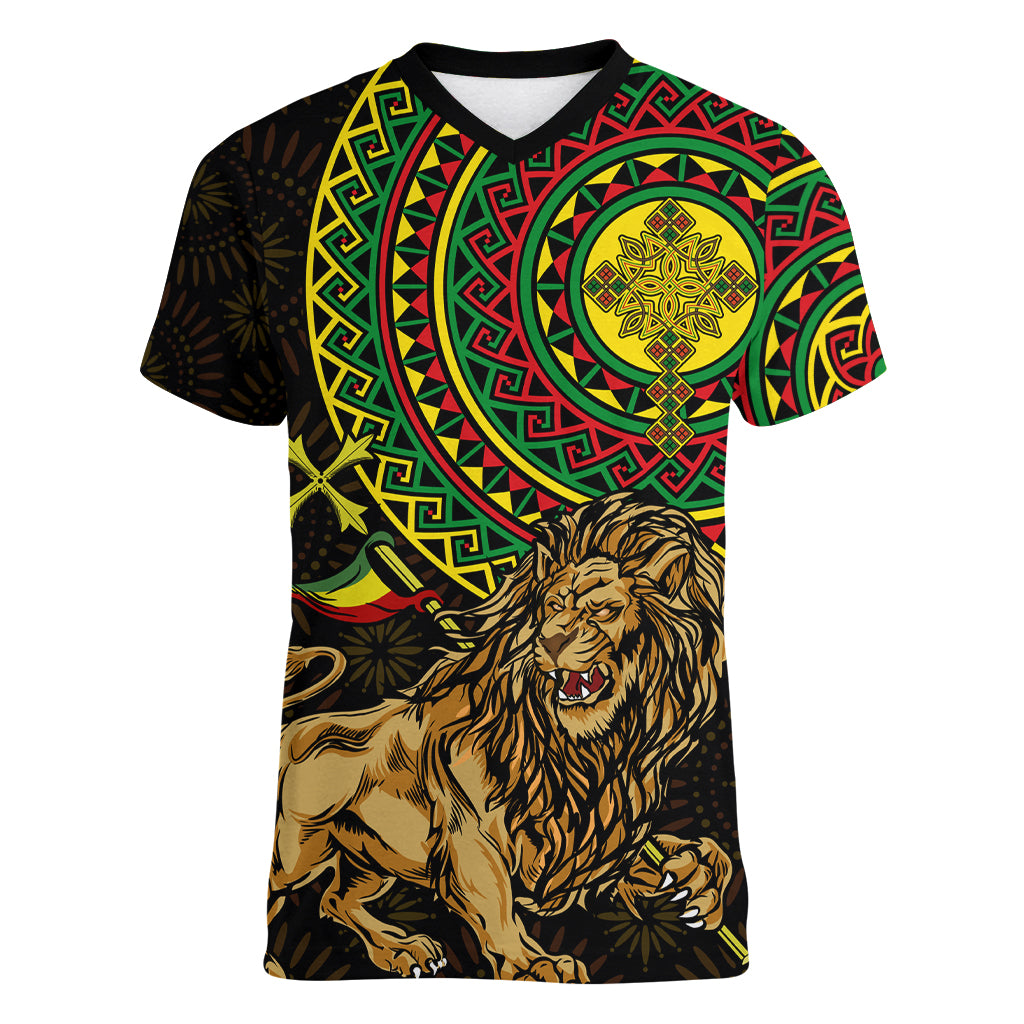 Ethiopia National Day Women V Neck T Shirt Lion Of Judah African Pattern - Wonder Print Shop