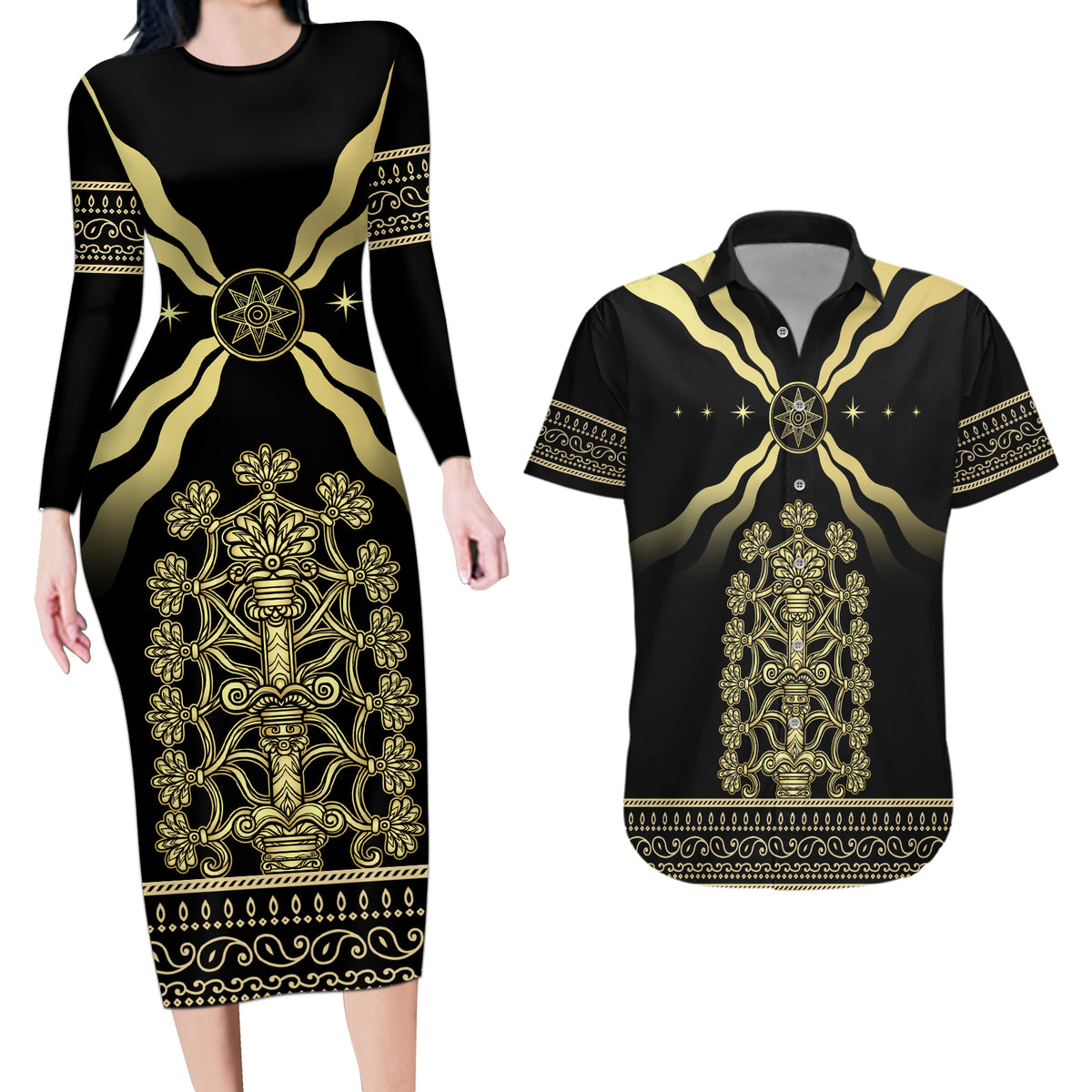 Assyria Empire Couples Matching Long Sleeve Bodycon Dress and Hawaiian Shirt Assyrian Mythological Spirit - Wonder Print Shop