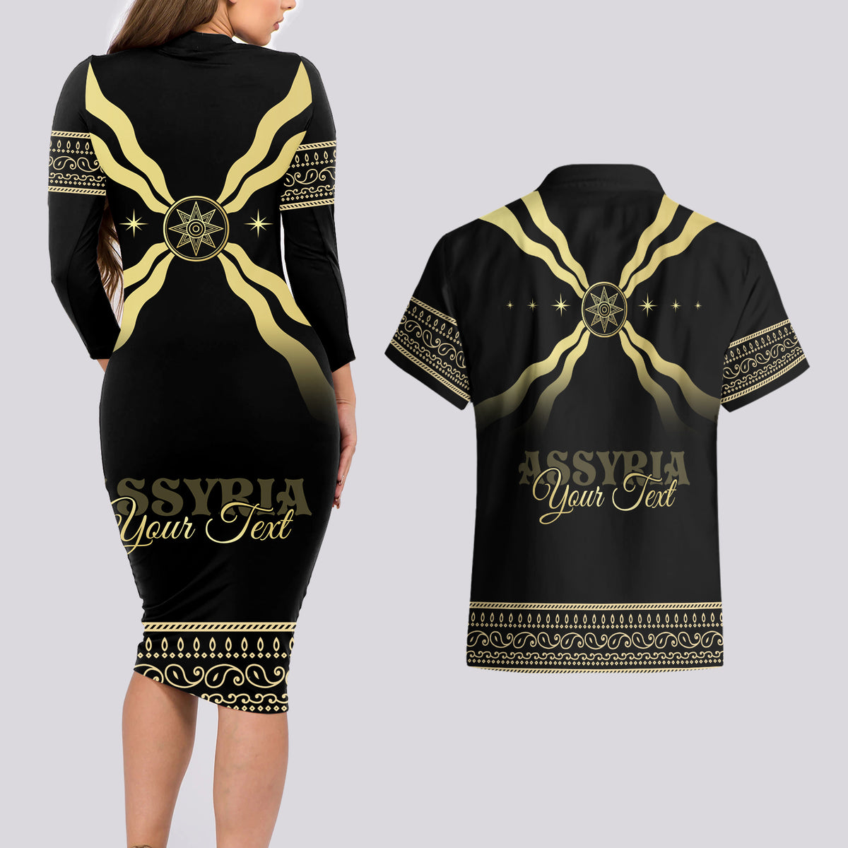 Assyria Empire Couples Matching Long Sleeve Bodycon Dress and Hawaiian Shirt Assyrian Mythological Spirit - Wonder Print Shop