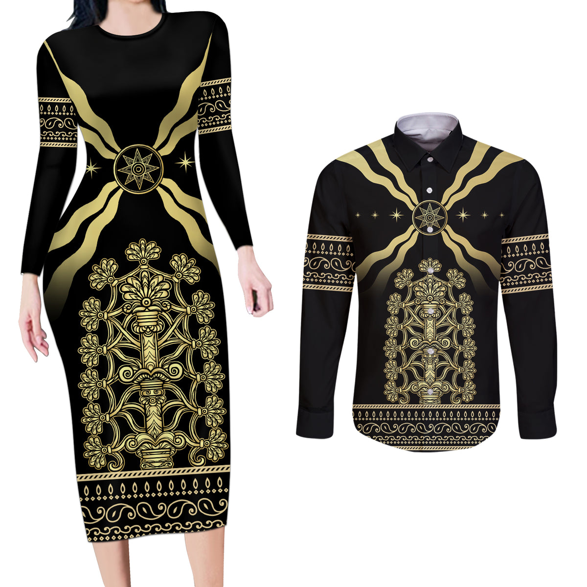 Assyria Empire Couples Matching Long Sleeve Bodycon Dress and Long Sleeve Button Shirt Assyrian Mythological Spirit - Wonder Print Shop
