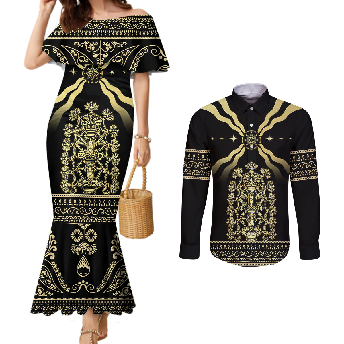 Assyria Empire Couples Matching Mermaid Dress and Long Sleeve Button Shirt Assyrian Mythological Spirit