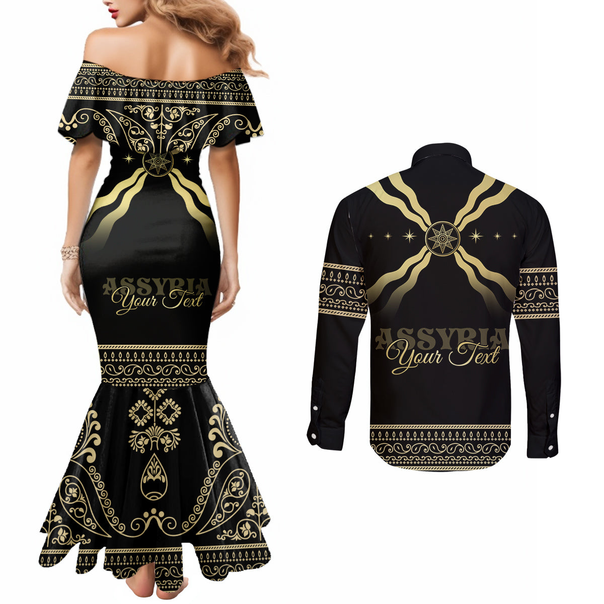 Assyria Empire Couples Matching Mermaid Dress and Long Sleeve Button Shirt Assyrian Mythological Spirit