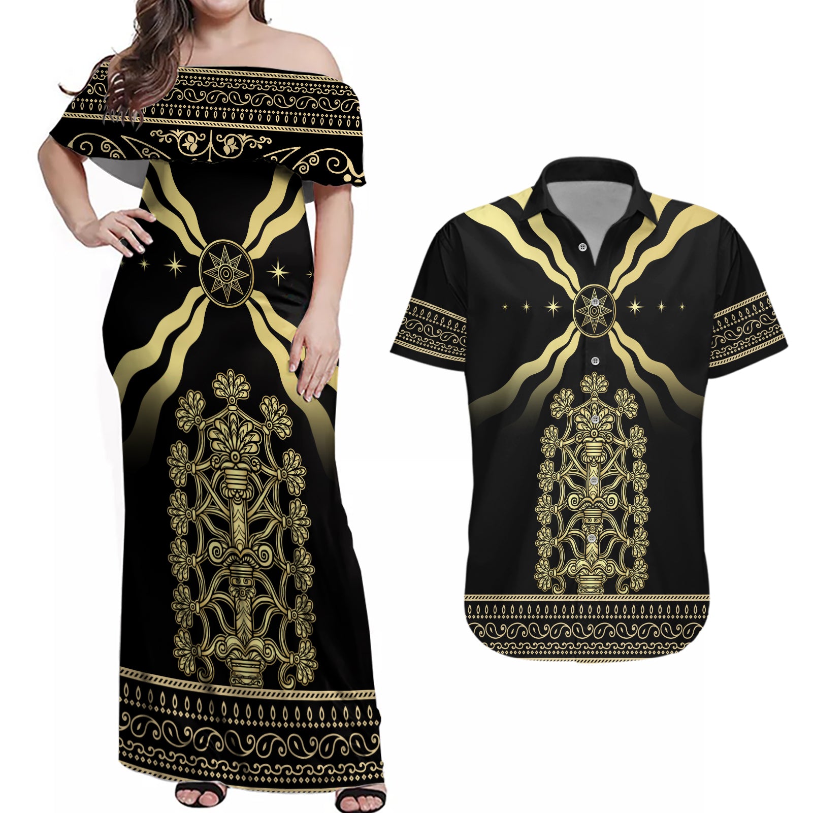 Assyria Empire Couples Matching Off Shoulder Maxi Dress and Hawaiian Shirt Assyrian Mythological Spirit - Wonder Print Shop