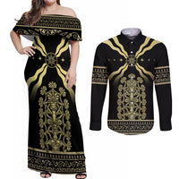 Assyria Empire Couples Matching Off Shoulder Maxi Dress and Long Sleeve Button Shirt Assyrian Mythological Spirit - Wonder Print Shop