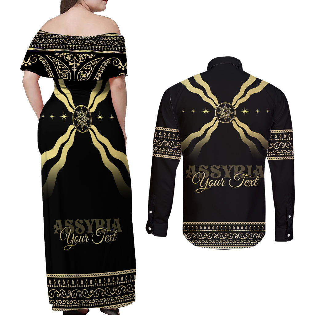 Assyria Empire Couples Matching Off Shoulder Maxi Dress and Long Sleeve Button Shirt Assyrian Mythological Spirit - Wonder Print Shop