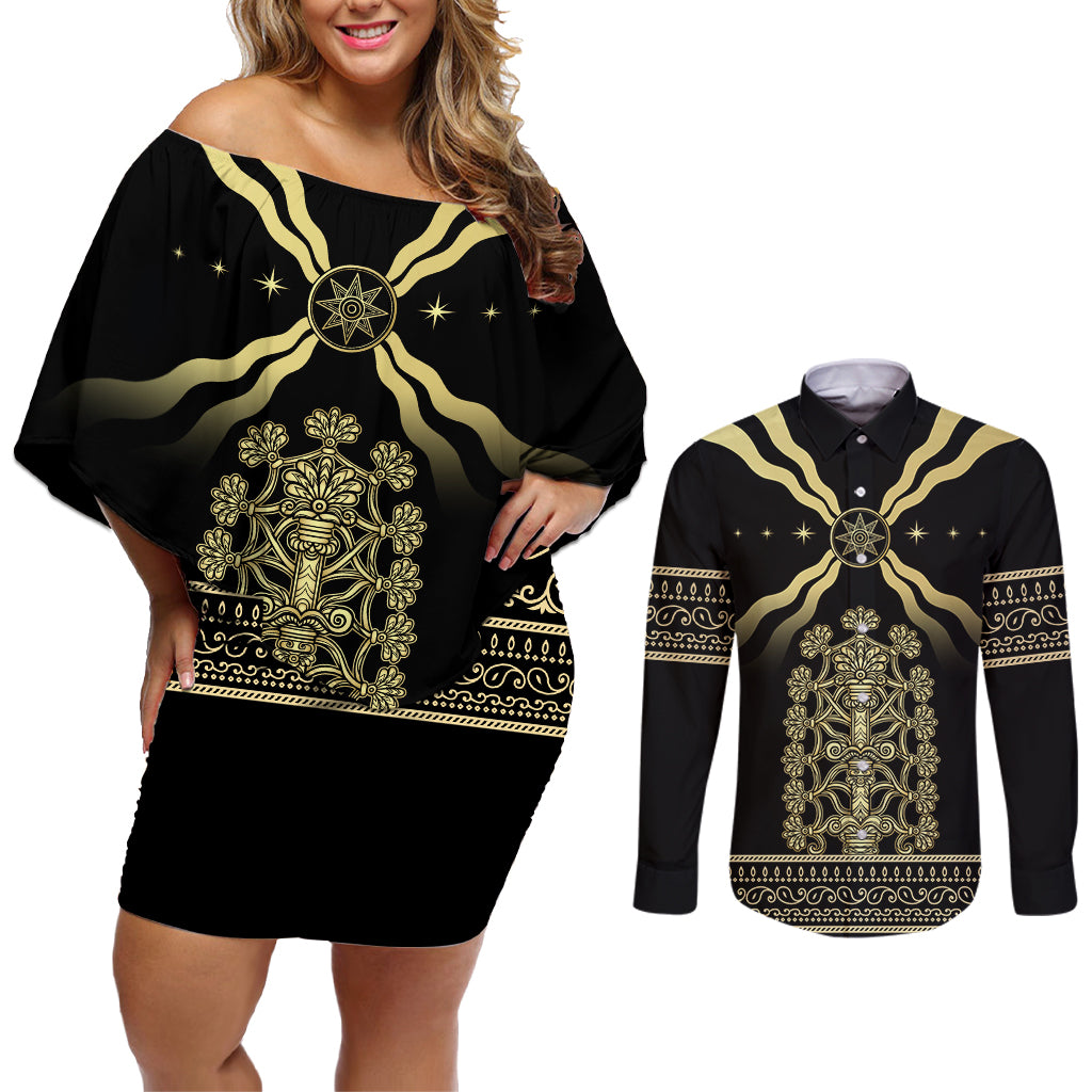 Assyria Empire Couples Matching Off Shoulder Short Dress and Long Sleeve Button Shirt Assyrian Mythological Spirit - Wonder Print Shop