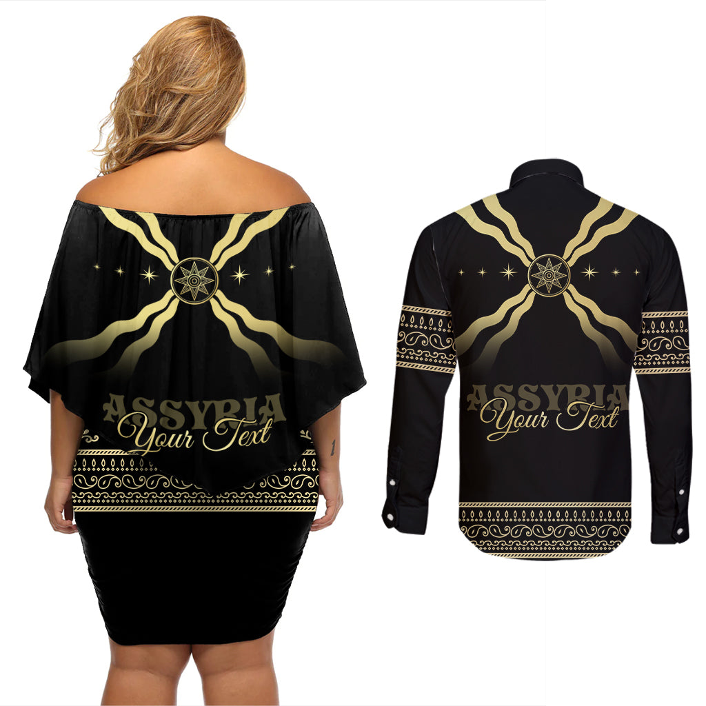 Assyria Empire Couples Matching Off Shoulder Short Dress and Long Sleeve Button Shirt Assyrian Mythological Spirit - Wonder Print Shop
