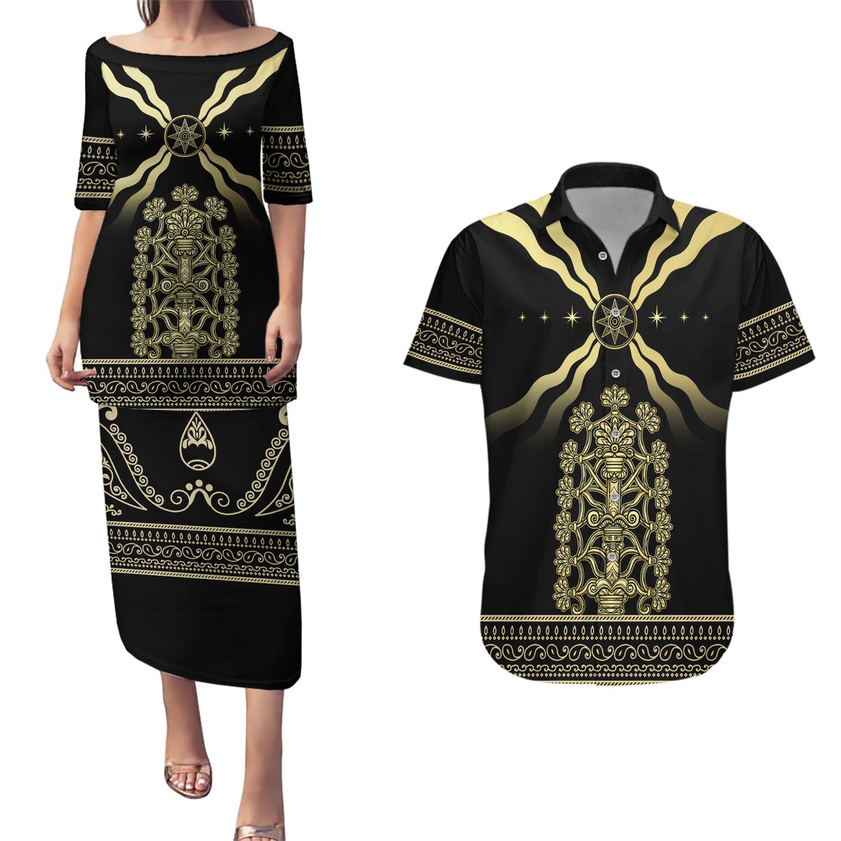 Assyria Empire Couples Matching Puletasi and Hawaiian Shirt Assyrian Mythological Spirit - Wonder Print Shop