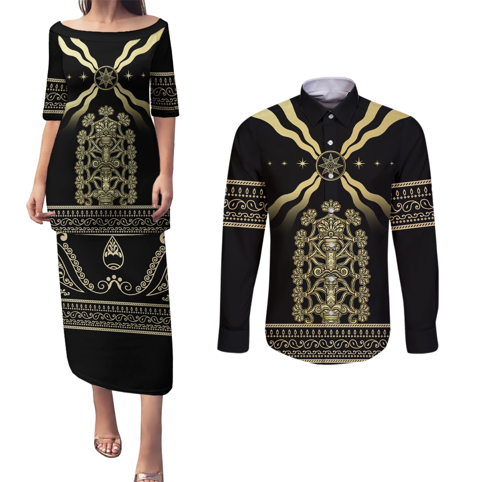 Assyria Empire Couples Matching Puletasi and Long Sleeve Button Shirt Assyrian Mythological Spirit - Wonder Print Shop