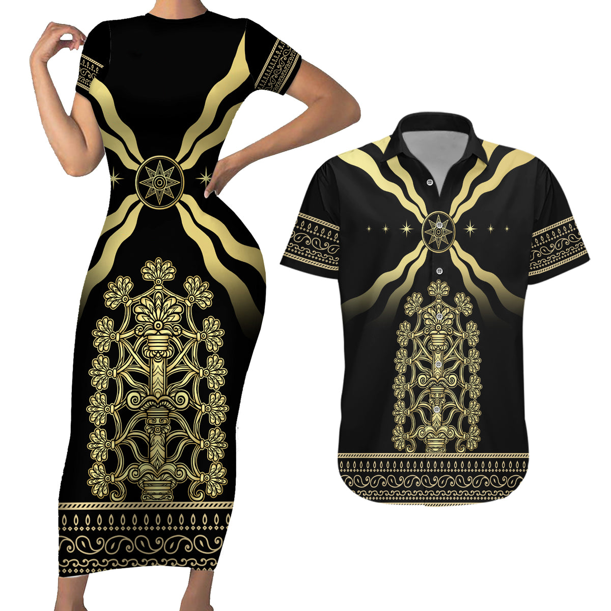 Assyria Empire Couples Matching Short Sleeve Bodycon Dress and Hawaiian Shirt Assyrian Mythological Spirit - Wonder Print Shop