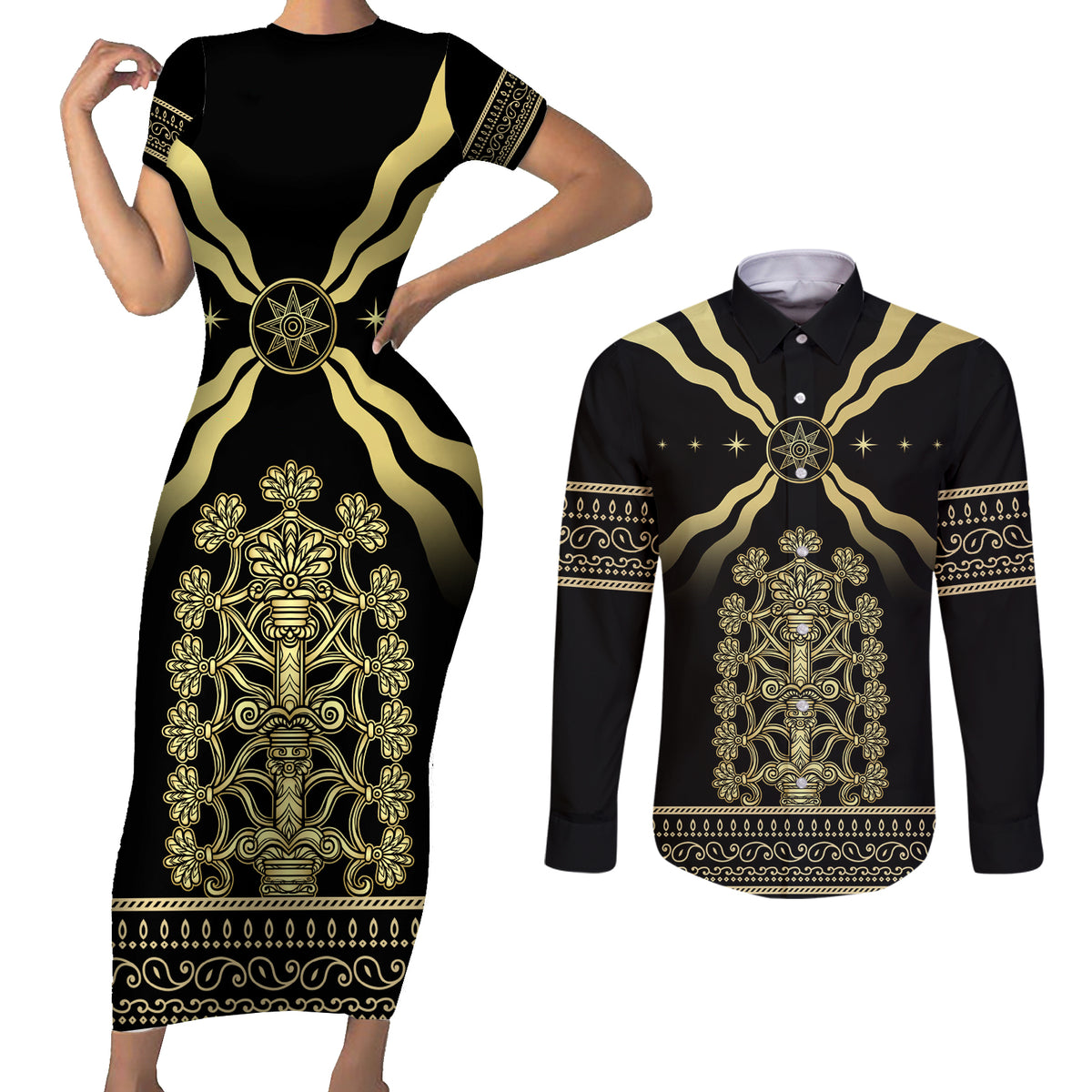 Assyria Empire Couples Matching Short Sleeve Bodycon Dress and Long Sleeve Button Shirt Assyrian Mythological Spirit - Wonder Print Shop