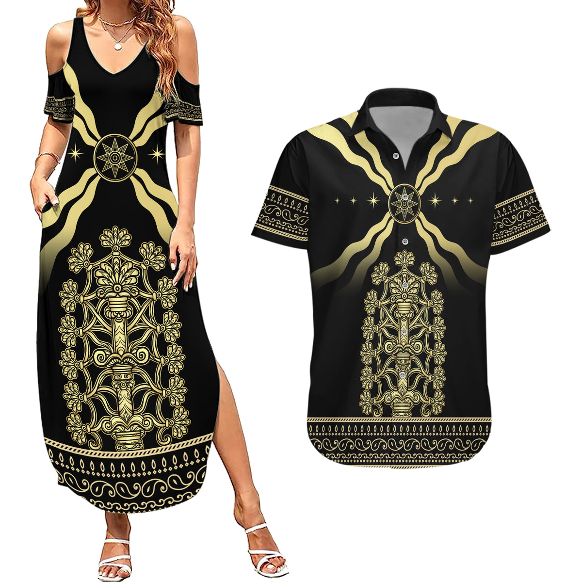 Assyria Empire Couples Matching Summer Maxi Dress and Hawaiian Shirt Assyrian Mythological Spirit - Wonder Print Shop
