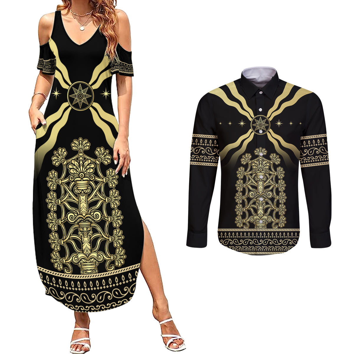 Assyria Empire Couples Matching Summer Maxi Dress and Long Sleeve Button Shirt Assyrian Mythological Spirit - Wonder Print Shop