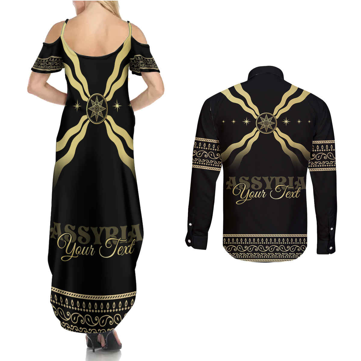 Assyria Empire Couples Matching Summer Maxi Dress and Long Sleeve Button Shirt Assyrian Mythological Spirit - Wonder Print Shop