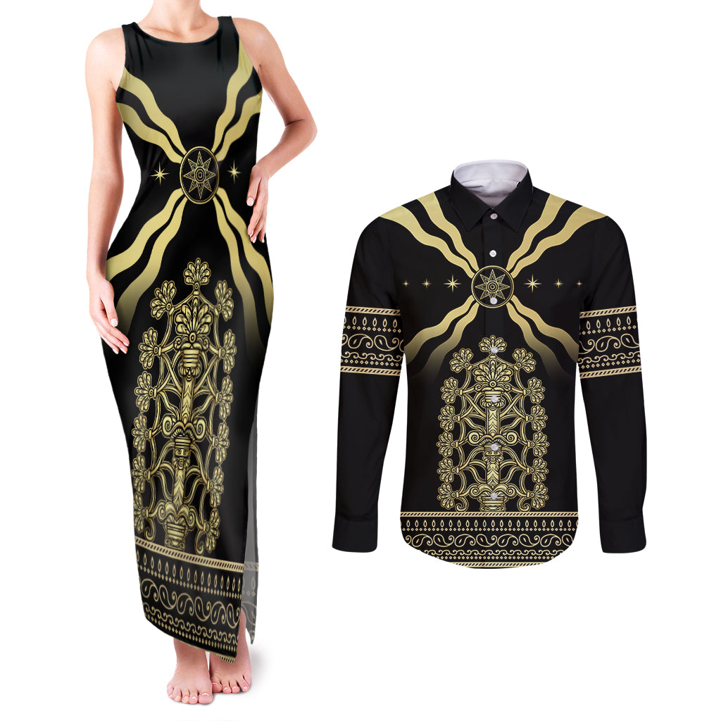 Assyria Empire Couples Matching Tank Maxi Dress and Long Sleeve Button Shirt Assyrian Mythological Spirit - Wonder Print Shop