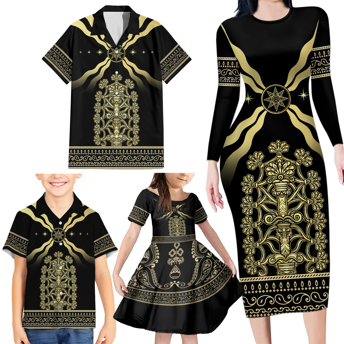 Assyria Empire Family Matching Long Sleeve Bodycon Dress and Hawaiian Shirt Assyrian Mythological Spirit - Wonder Print Shop