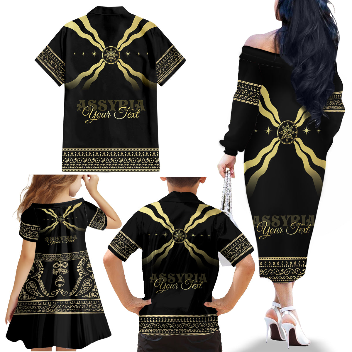 Assyria Empire Family Matching Off The Shoulder Long Sleeve Dress and Hawaiian Shirt Assyrian Mythological Spirit - Wonder Print Shop