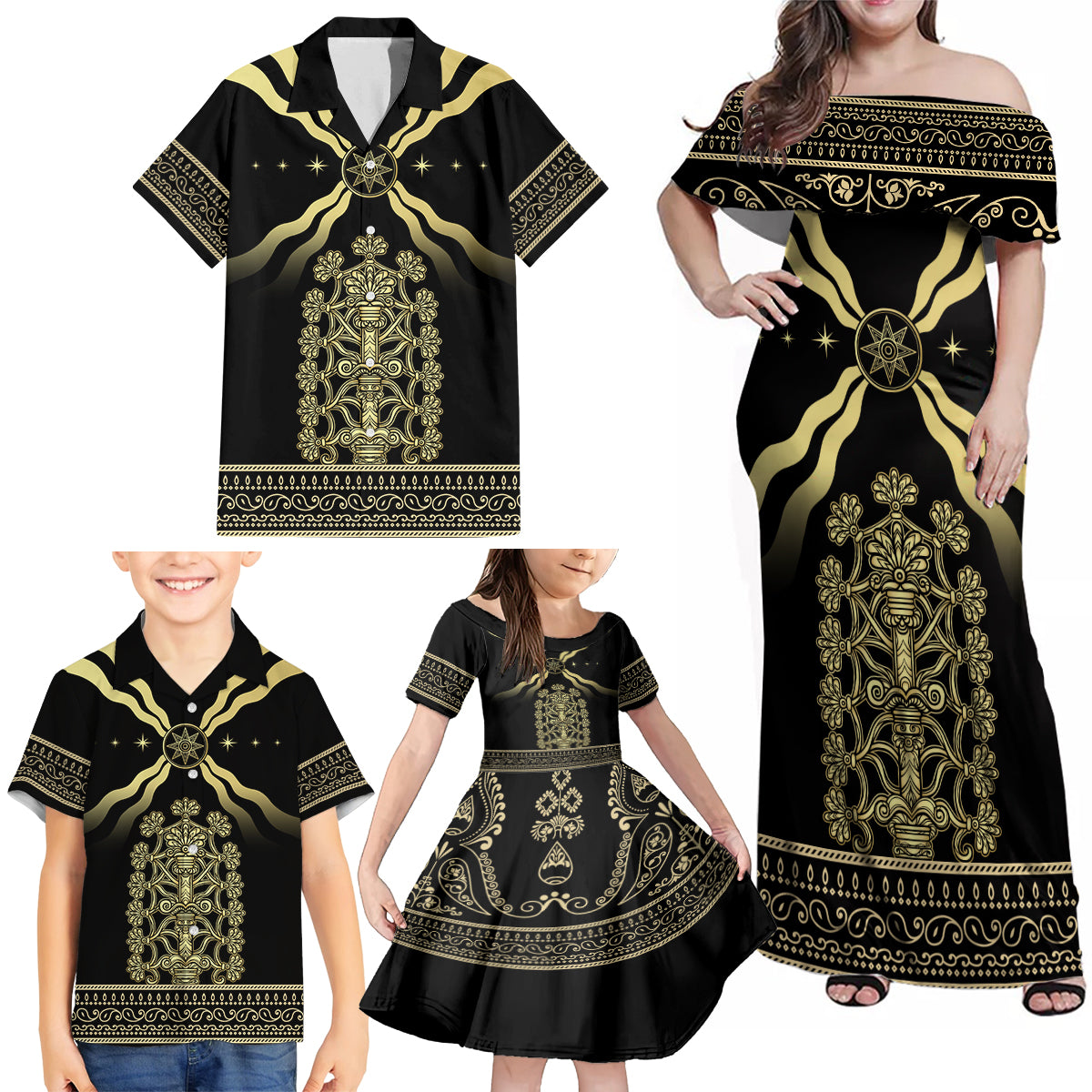 Assyria Empire Family Matching Off Shoulder Maxi Dress and Hawaiian Shirt Assyrian Mythological Spirit - Wonder Print Shop