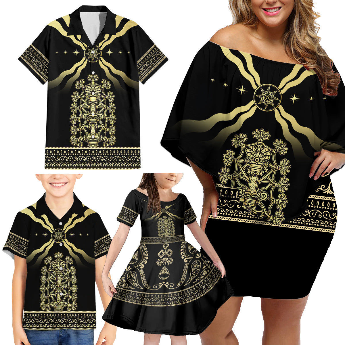 Assyria Empire Family Matching Off Shoulder Short Dress and Hawaiian Shirt Assyrian Mythological Spirit - Wonder Print Shop