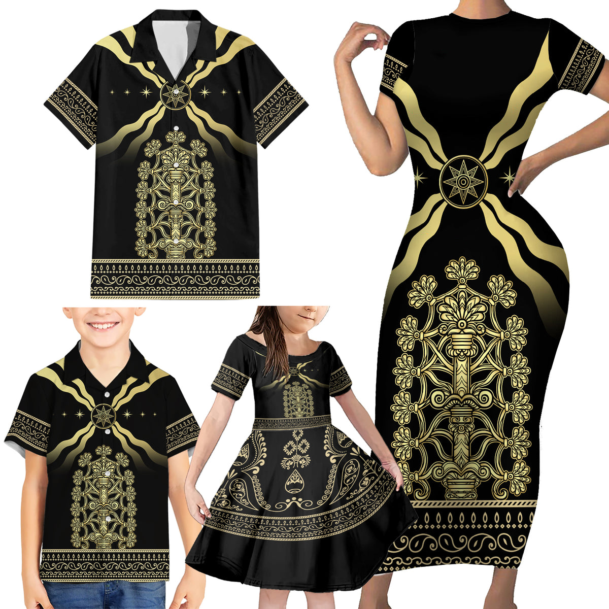 Assyria Empire Family Matching Short Sleeve Bodycon Dress and Hawaiian Shirt Assyrian Mythological Spirit - Wonder Print Shop