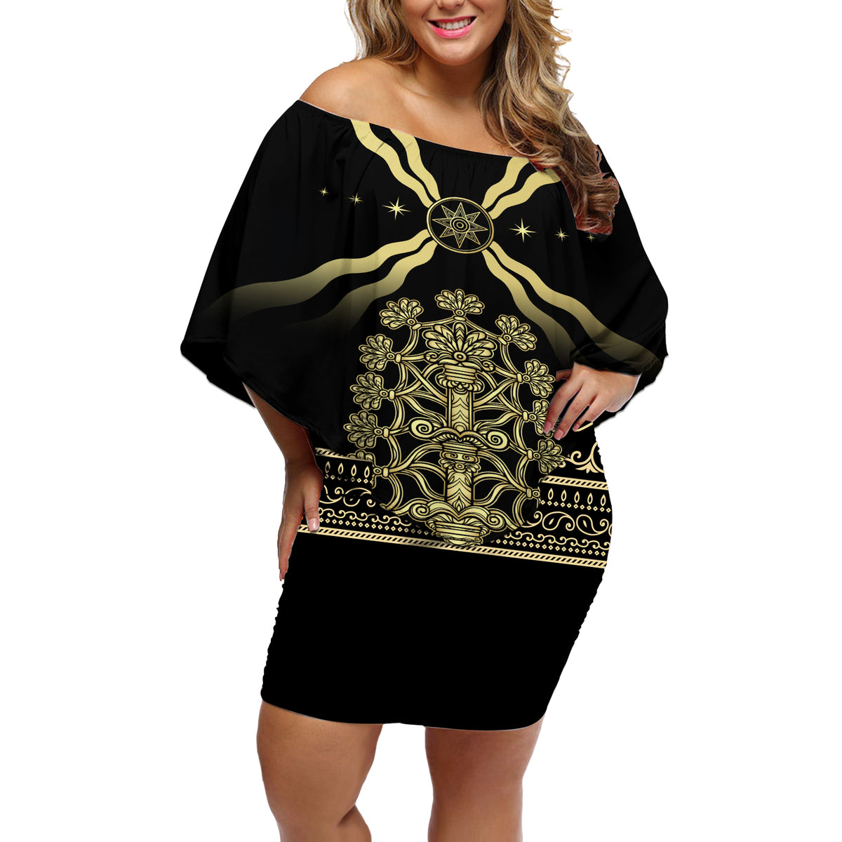 Assyria Empire Off Shoulder Short Dress Assyrian Mythological Spirit - Wonder Print Shop