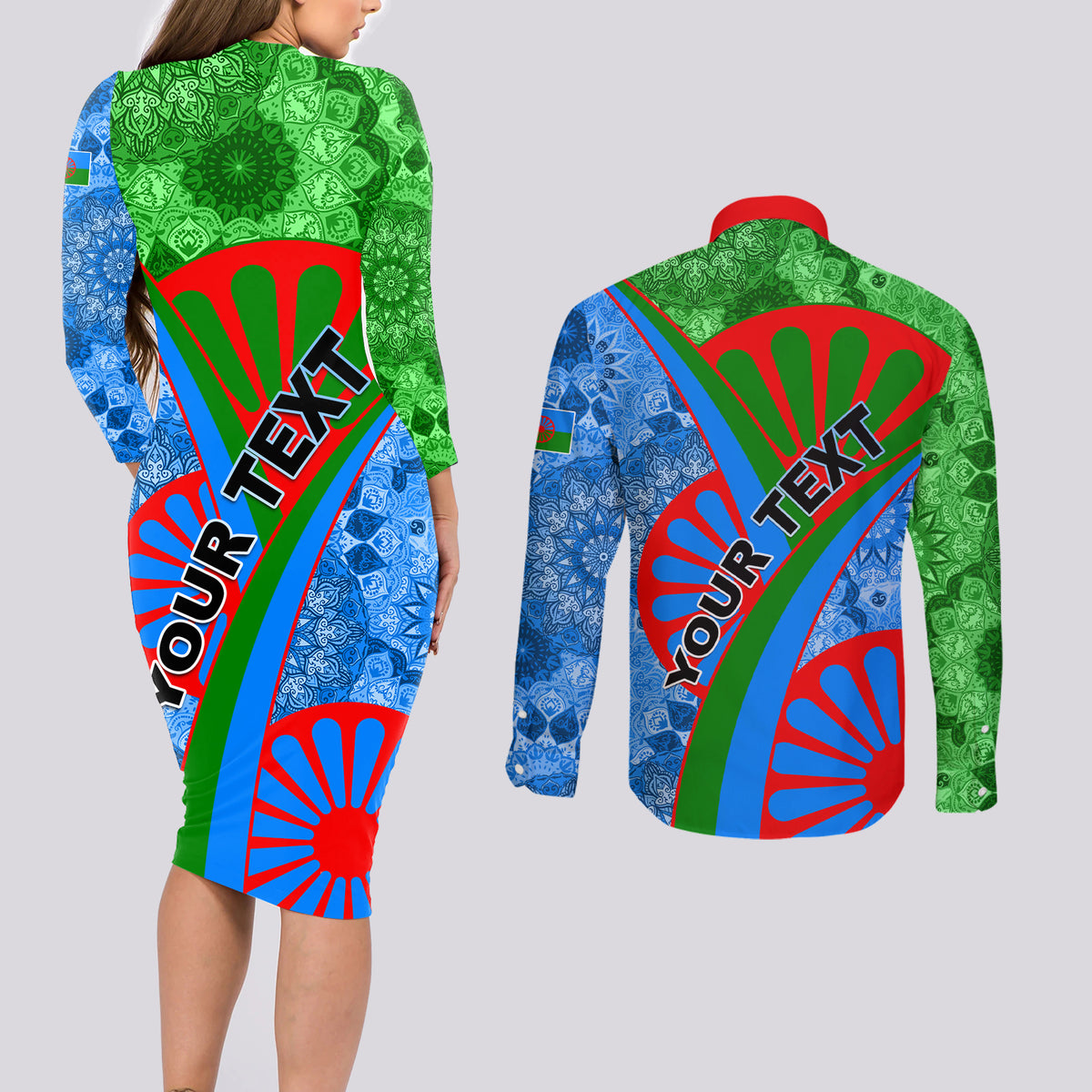 International Romani Day 2024 Couples Matching Long Sleeve Bodycon Dress and Long Sleeve Button Shirt Gypsy Pattern Tribal - Wonder Print Shop