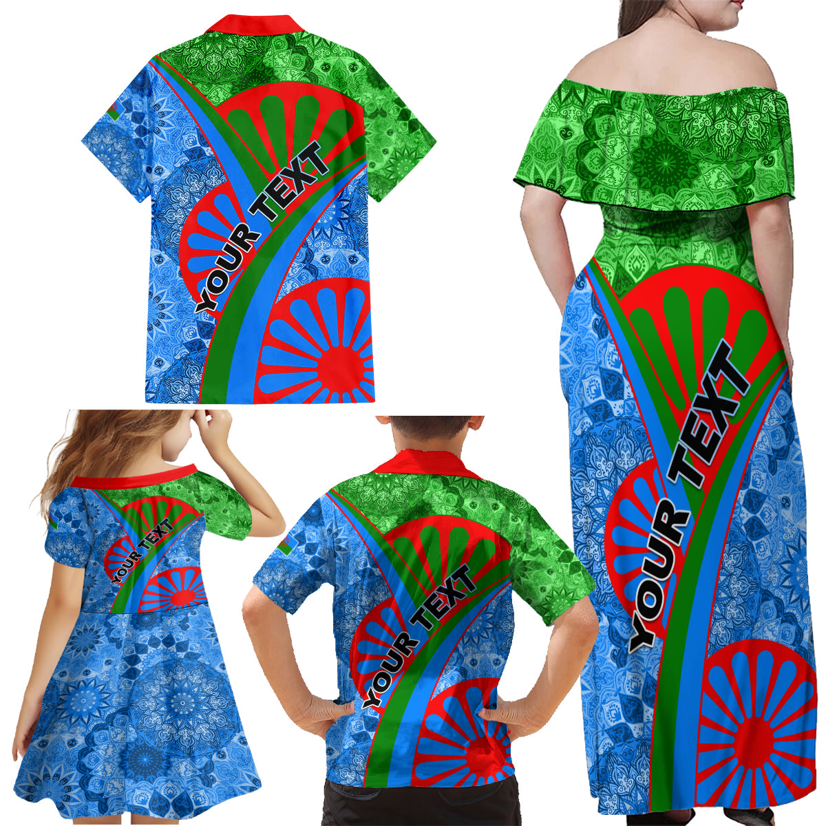 International Romani Day 2024 Family Matching Off Shoulder Maxi Dress and Hawaiian Shirt Gypsy Pattern Tribal - Wonder Print Shop