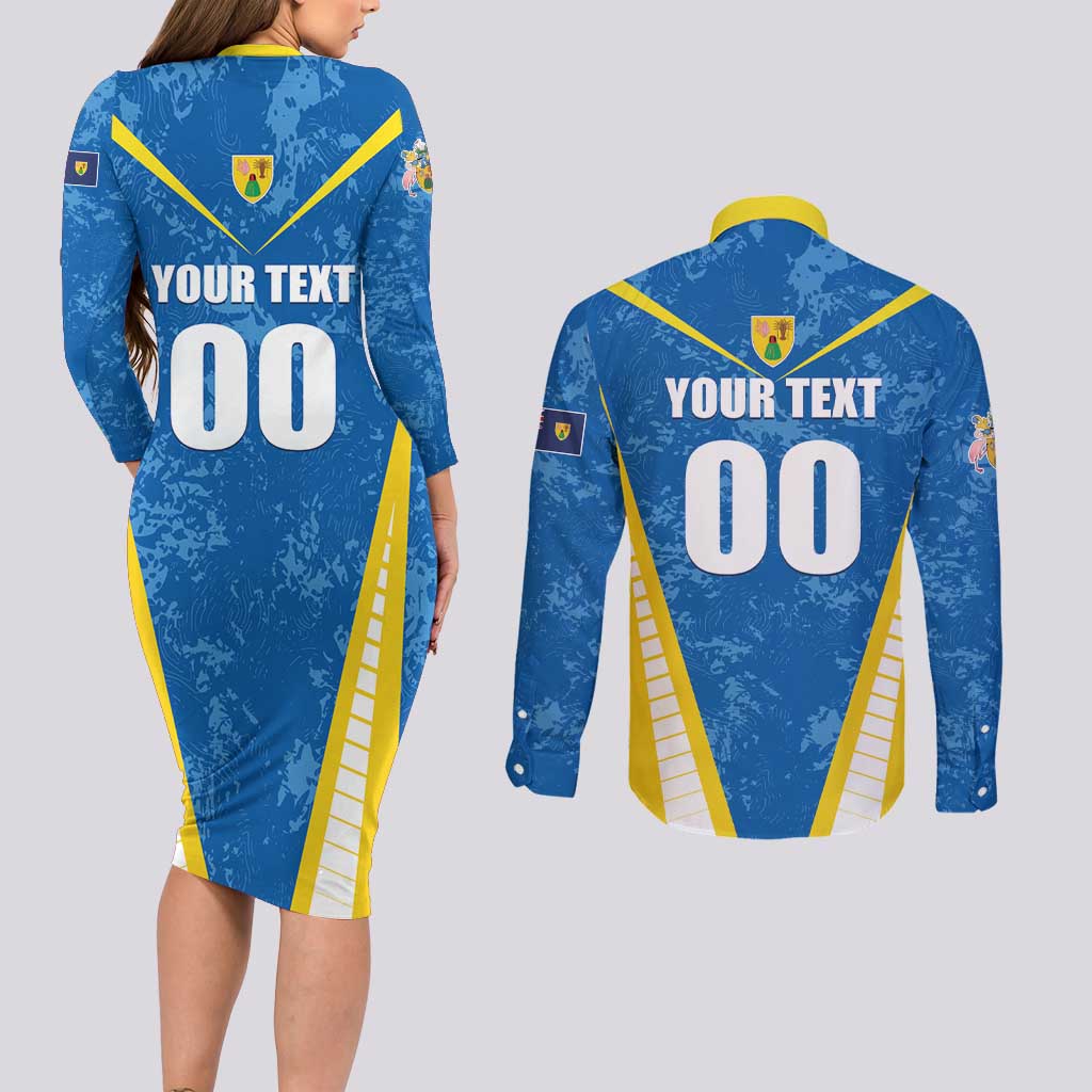 Custom Turks and Caicos Islands Football Couples Matching Long Sleeve Bodycon Dress and Long Sleeve Button Shirt Team TCI Go Champions