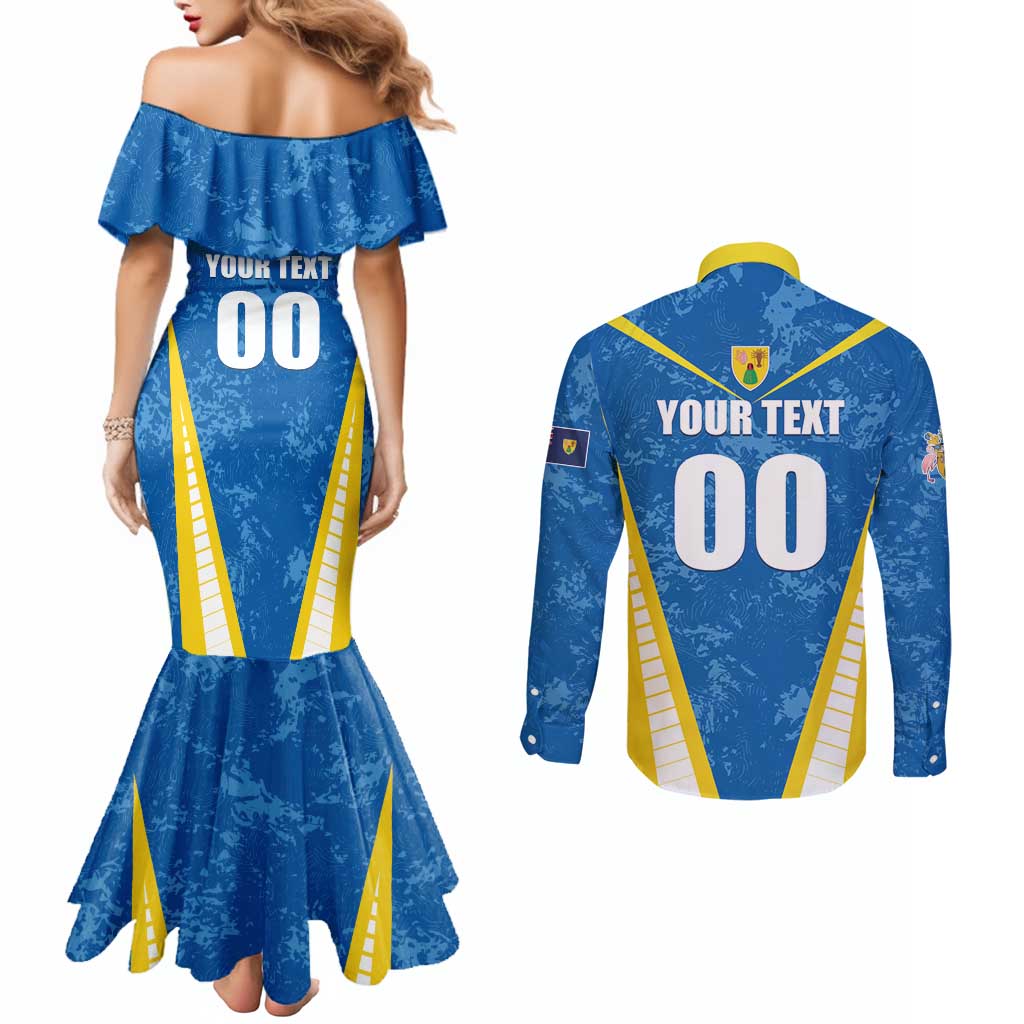 Custom Turks and Caicos Islands Football Couples Matching Mermaid Dress and Long Sleeve Button Shirt Team TCI Go Champions