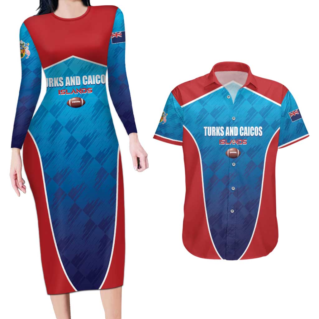 Custom Turks and Caicos Islands Rugby Couples Matching Long Sleeve Bodycon Dress and Hawaiian Shirt TCI Team Come On